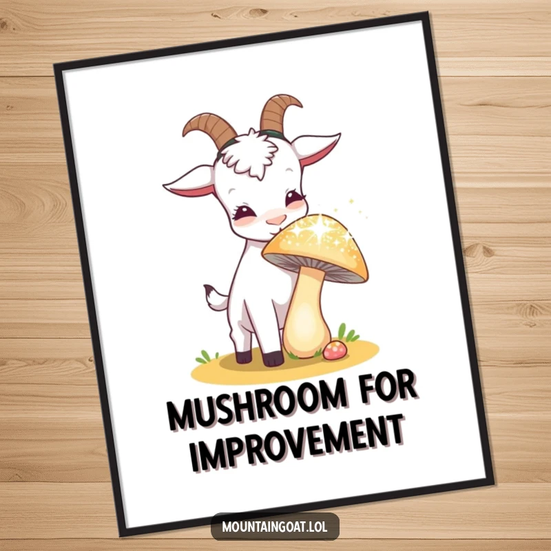 Funny Free Printable wall art depicting a curious goat sniffing a large, sparkling mushroom, evoking a sense of fantasy and discovery.