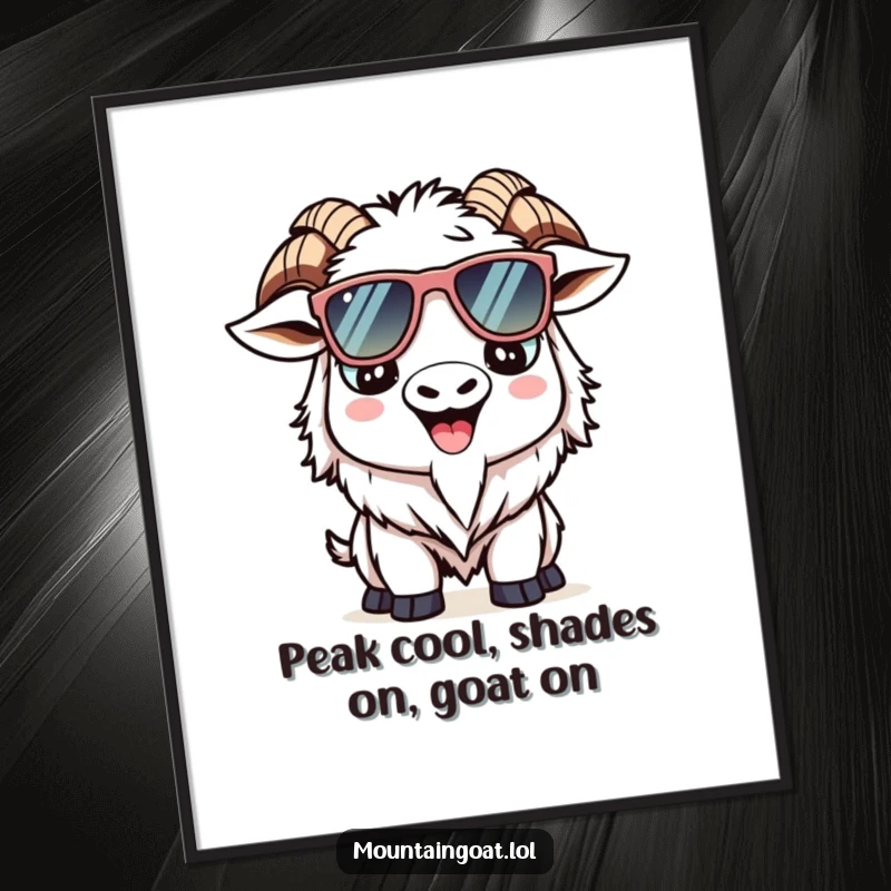 Funny free printable Kawaii mountain goat wall art, wearing oversized sunglasses, radiating cool confidence and happiness.