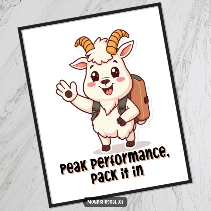 Funny Free Printable Wall Art: A smiling mountain goat with a backpack waves hello, bringing a friendly and adventurous spirit to any space.