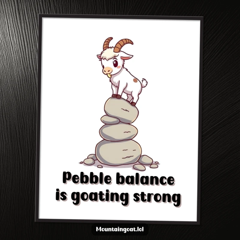 Funny Free Printable Wall Art: A humorous mountain goat attempts to balance on a shaky stack of pebbles.