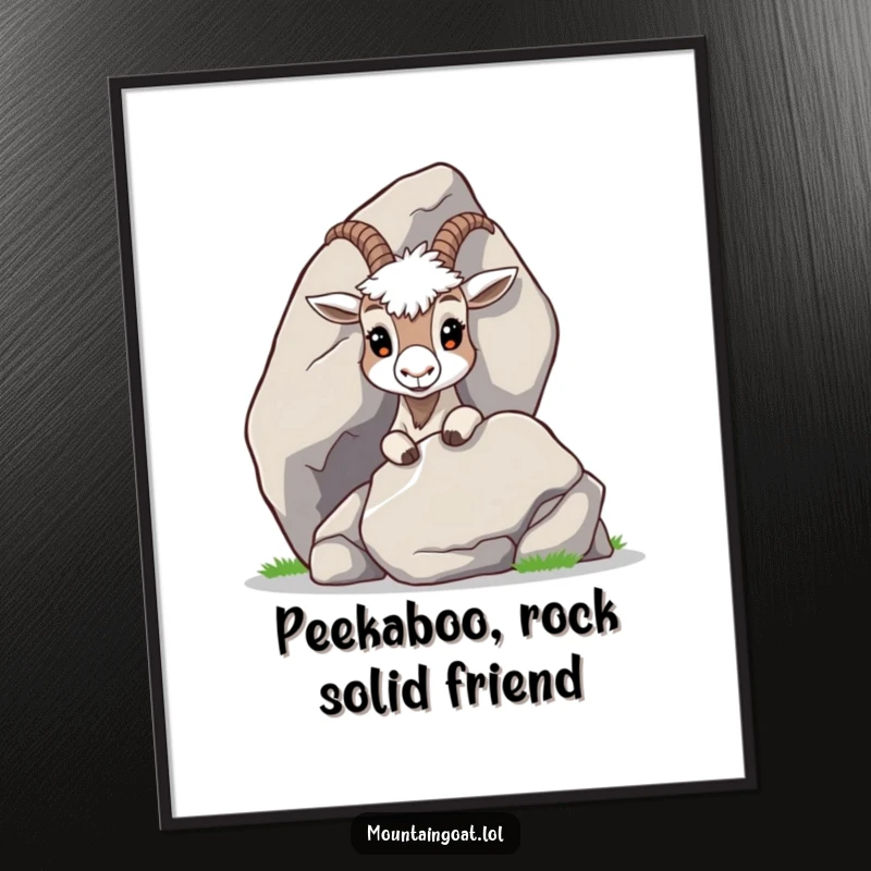 Curious Free Printable Wall Art: A cute mountain goat with big eyes peeking cautiously from behind a large, smooth rock.