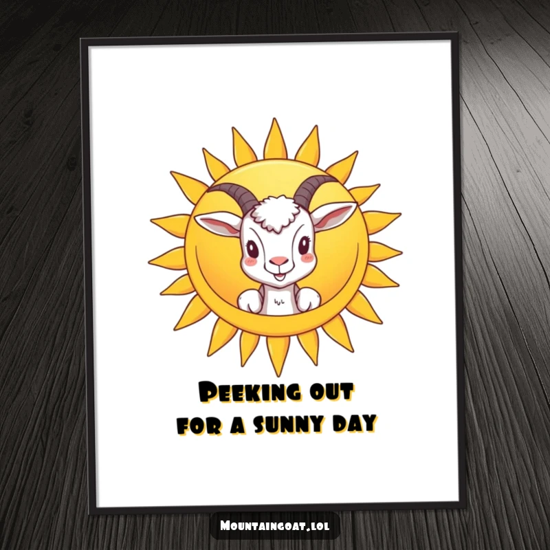 Funny Free Printable Wall Art: A goat playfully peeks from behind a giant, smiling sun, creating a whimsical and happy scene. DIY.