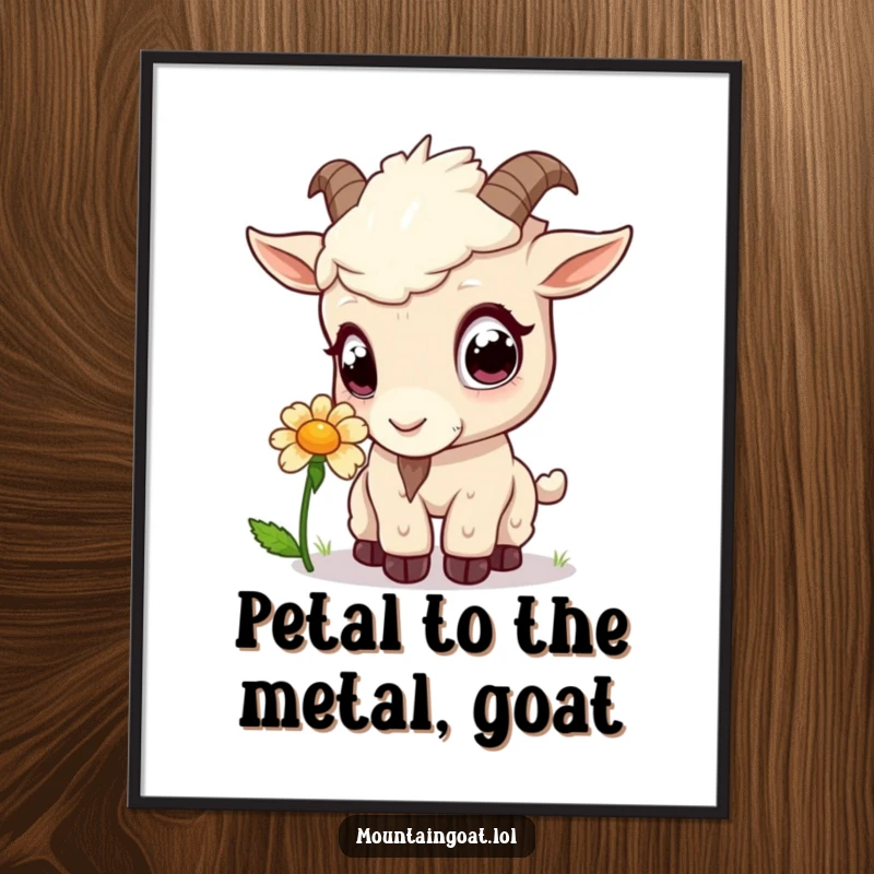 Funny Free Printable Wall Art: A curious Kawaii mountain goat with wide eyes sniffing a blooming flower in a serene natural setting.