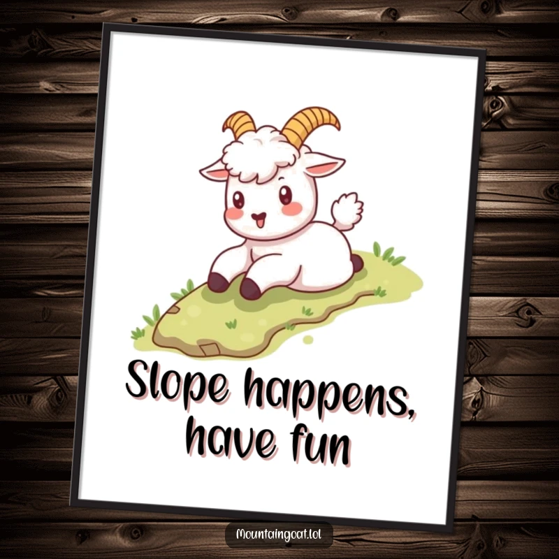 Funny Free Printable Kawaii Mountain Goat Wall Art: Playful goat gleefully sliding down a grassy hill.