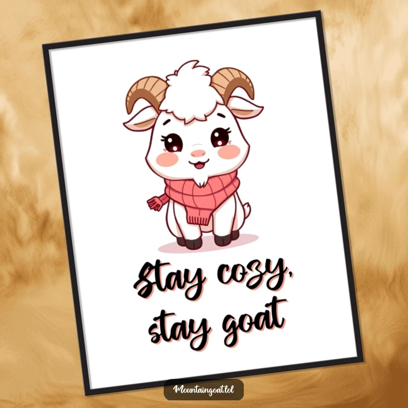 Funny Free Printable Wall Art: A mountain goat character wearing a little knitted scarf and a warm, inviting smile.