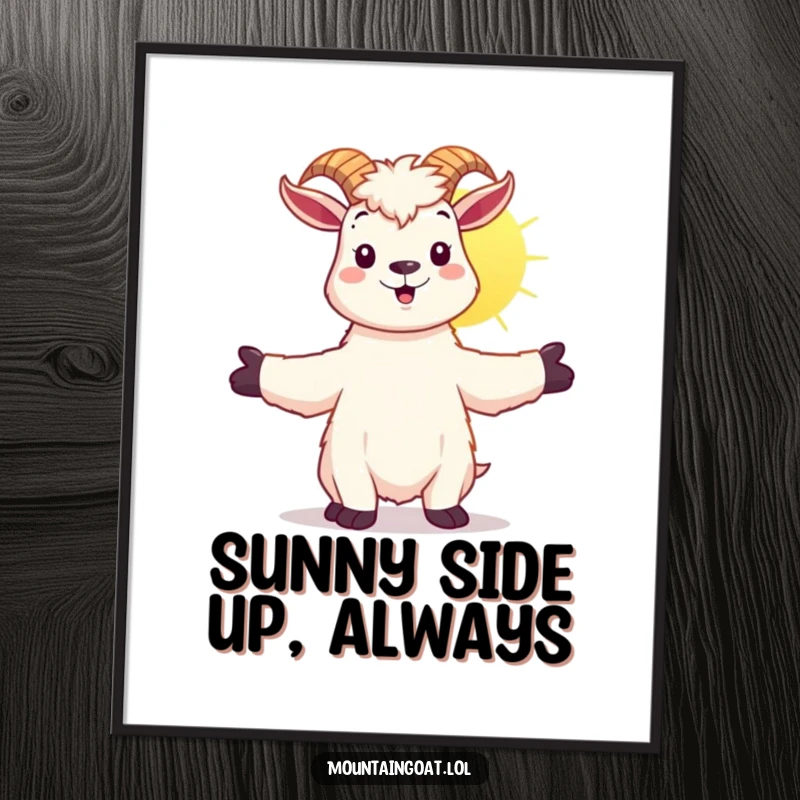 Funny Free Printable Wall Art: Happy kawaii mountain goat with arms outstretched, embracing the warm, bright sunshine.