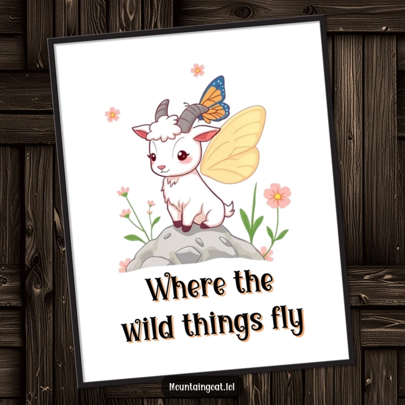 Funny free printable wall art of a charming mountain goat with large, colorful butterfly wings, fluttering gracefully near wildflowers on a mountain.