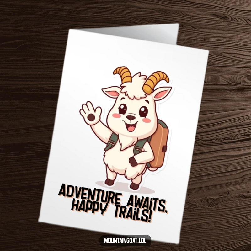 Funny Free Printable Birthday Card: A smiling mountain goat with a backpack waves hello, radiating friendly birthday cheer and adventure.