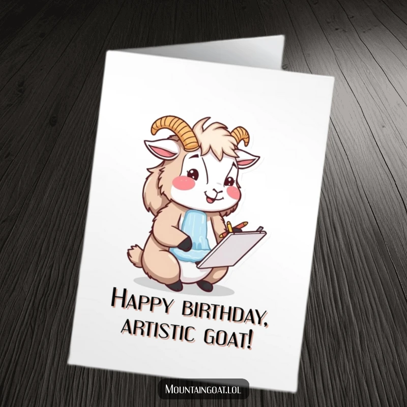 Funny free printable birthday card featuring a happy mountain goat artist sketching a beautiful waterfall in a notepad.