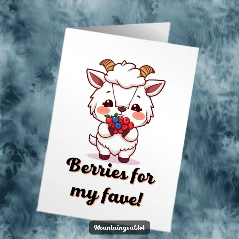 Funny Free Printable Birthday Card: A blushing mountain goat shyly offers a tiny bundle of red berries.