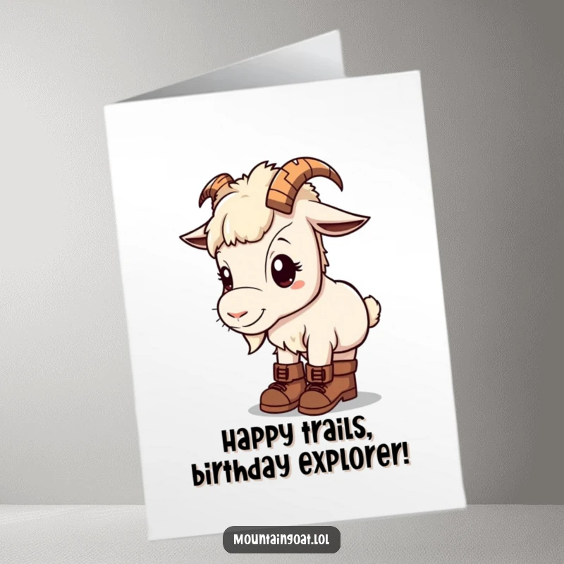 Adorable free printable birthday card featuring a kawaii mountain goat in tiny hiking boots, looking curiously at the viewer.