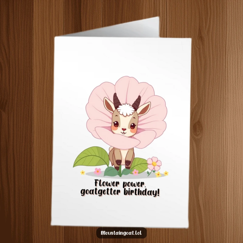 Funny Free Printable Birthday Card: Curious mountain goat peeking slyly from behind a giant, colorful blooming flower, ready to surprise.