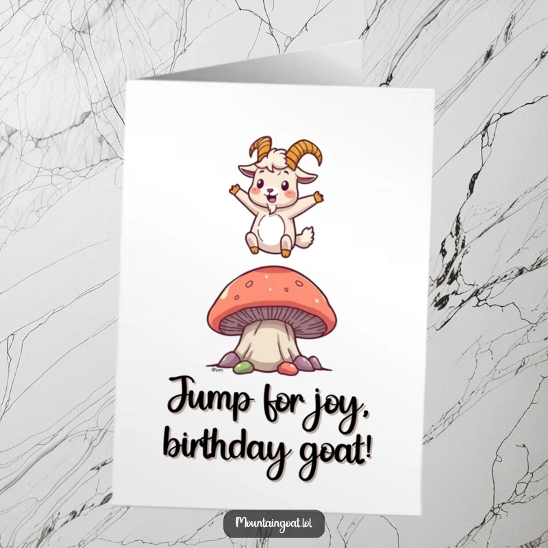 Funny Free Printable birthday card of a mountain goat joyfully bouncing high on a comically oversized mushroom, full of energy.