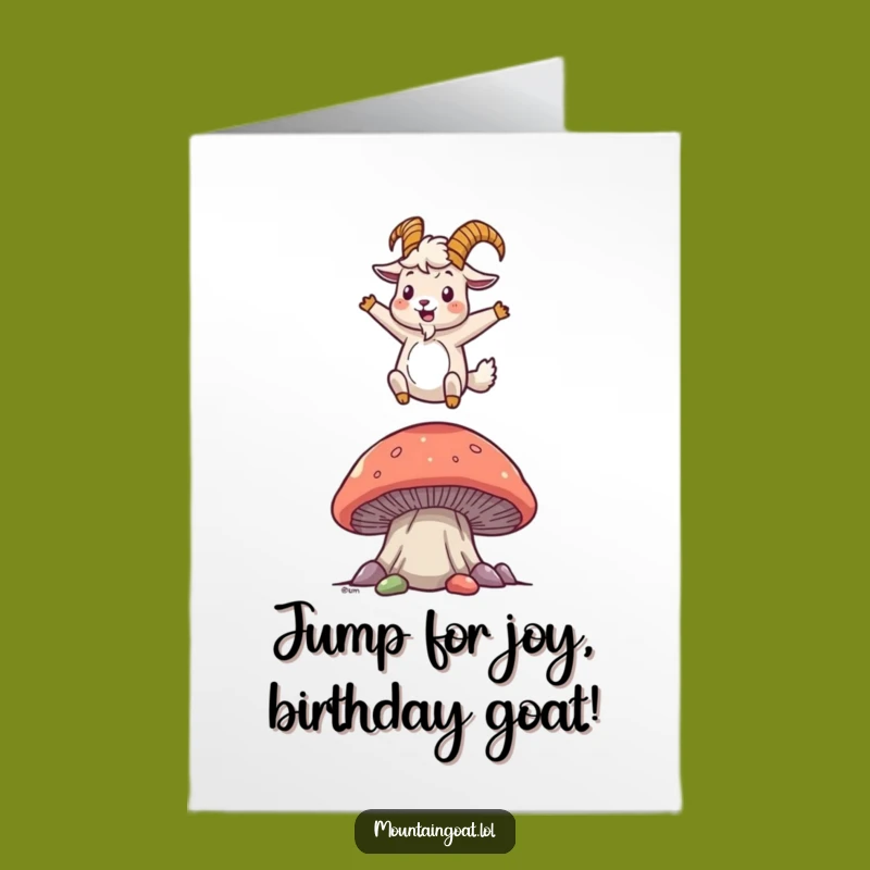 Free Printable Birthday Card: Bouncing Goat on Mushroom, Funny DIY Downloadable Gift