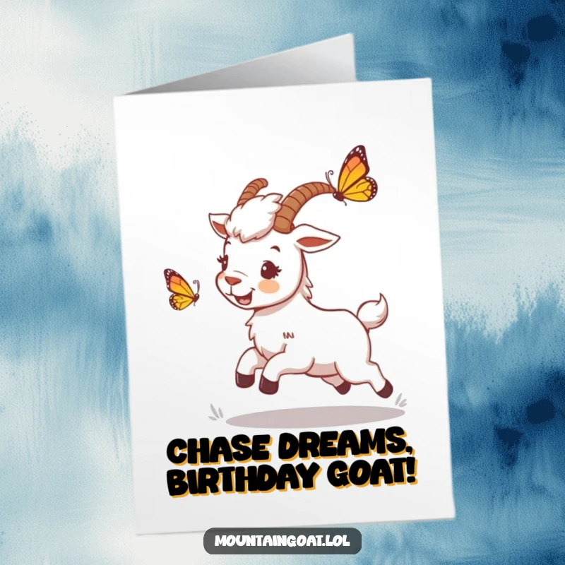 Funny Free Printable birthday card of a mountain goat playfully chasing a colorful butterfly, full of lighthearted pursuit.