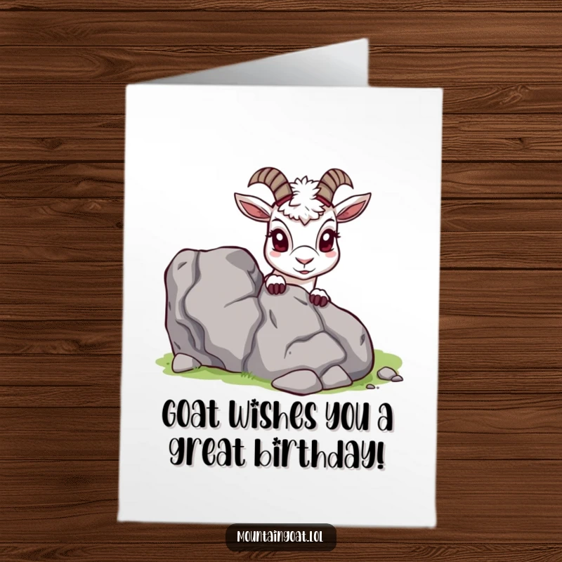 Funny Free Printable Birthday Card: Curious mountain goat peeking playfully from behind a jagged rock, ready to wish you a happy birthday.