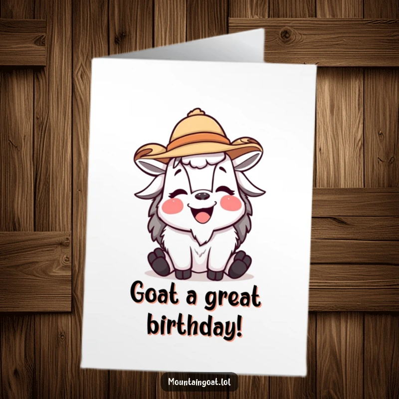 Funny Free Printable birthday card of a laughing mountain goat wearing a tiny jaunty hat, ready to celebrate with a chuckle.