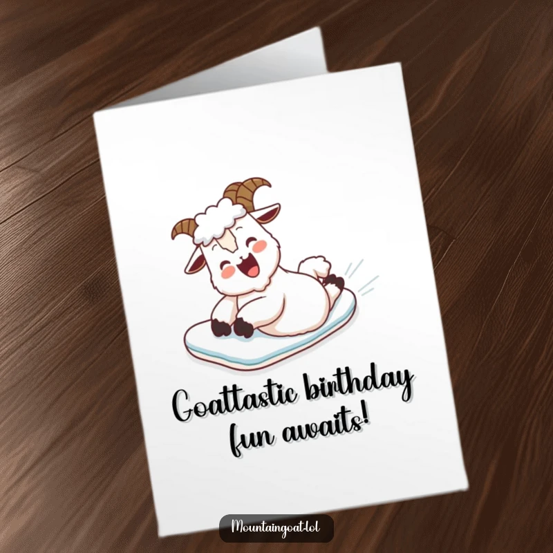 Funny Free Printable Birthday Card: Mountain goat belly-sliding down a snowy hill with a huge giggle, spreading birthday cheer.