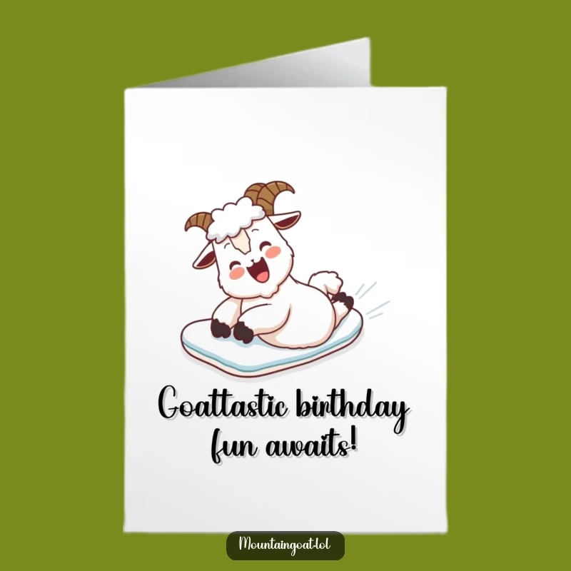 Free Printable Birthday Card: Giggling Goat Snowboarding Fun! Perfect Funny Downloadable Gift.