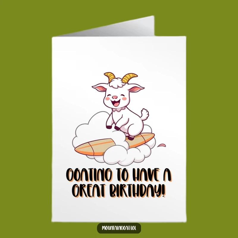 Free Printable Birthday Card: Joyful Goat Surfing Cloud, Funny Downloadable Gift for Him or Her