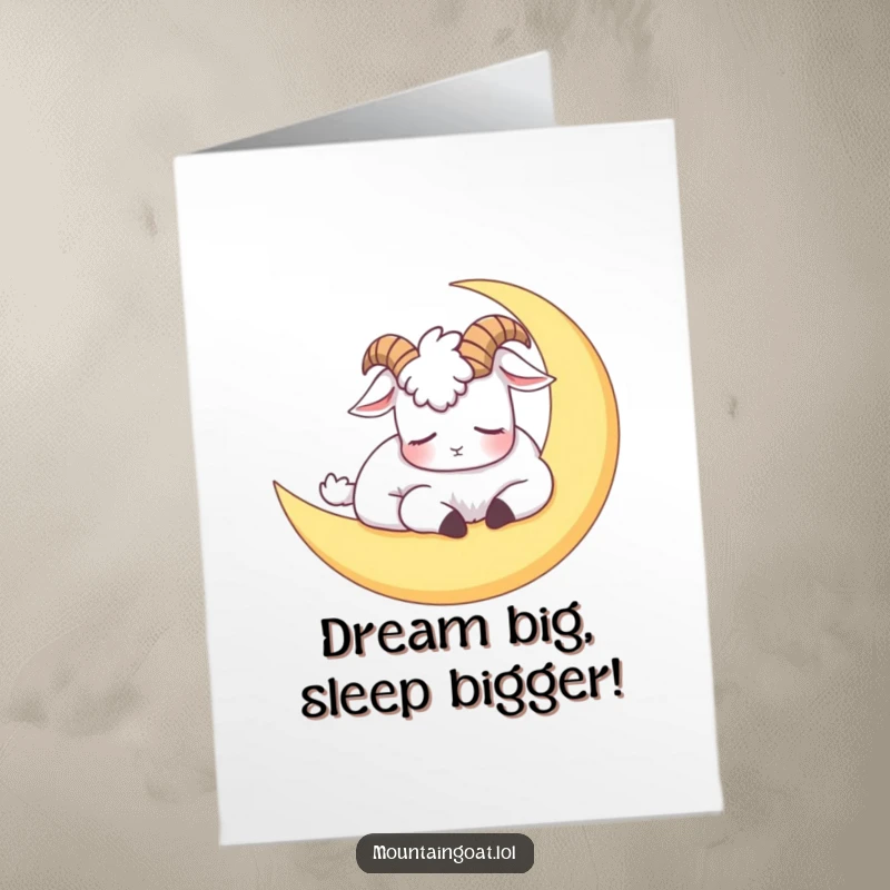 Funny Free Printable Birthday Card: Sleepy mountain goat napping peacefully on a crescent moon, a perfect DIY gift.