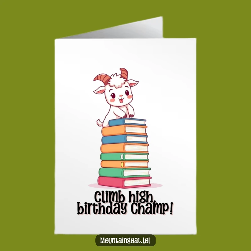 Free Printable Book Climbing Goat Birthday Card: Humorous Downloadable Gift for Smart Celebrations