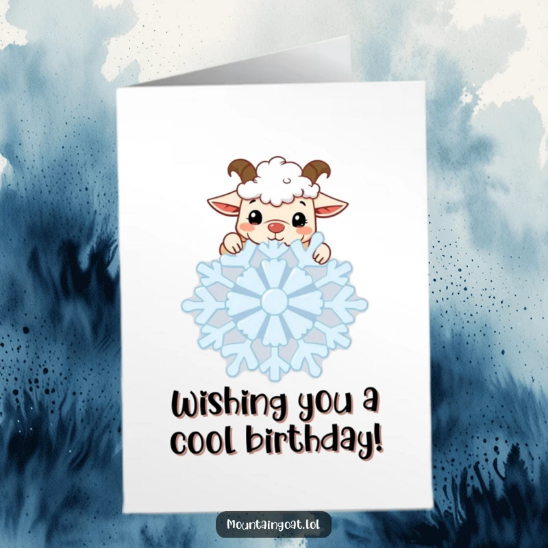 Funny Free Printable Birthday Card: Kawaii mountain goat peeking curiously with wide eyes over the edge of a huge, intricate snowflake.