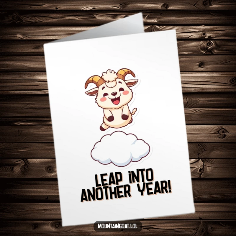 Funny Free Printable Mountain Goat Birthday Card: A fluffy goat grins while leaping over a tiny cloud, celebrating a joyous birthday.
