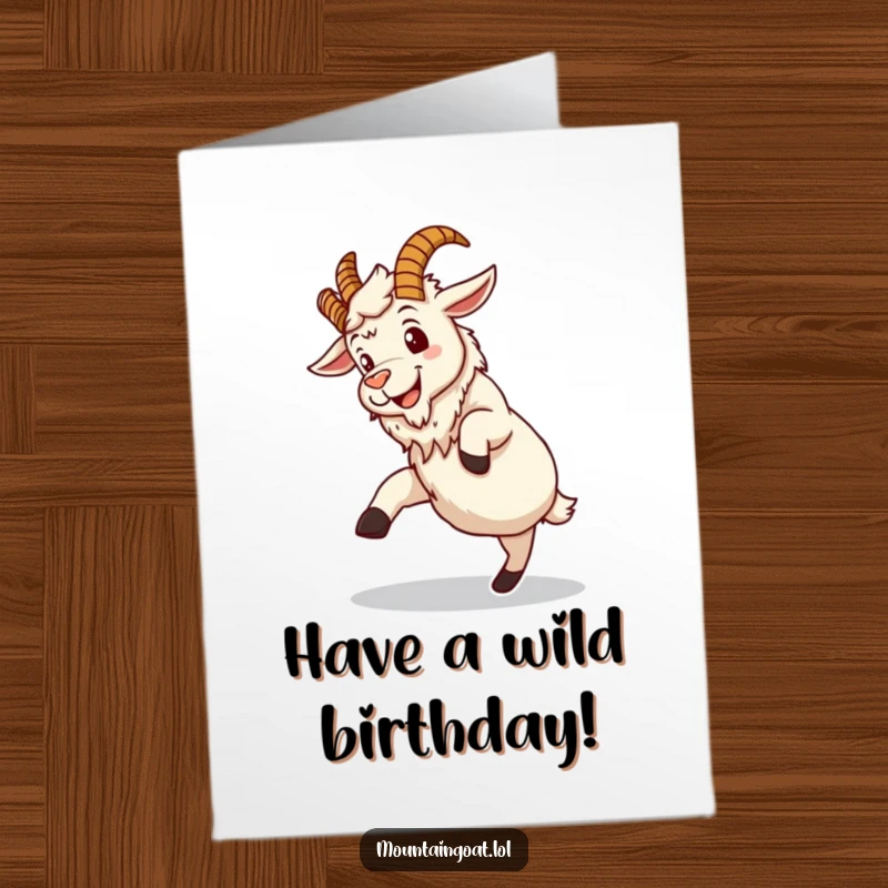 Funny Free Printable Birthday Card of a mountain goat with a silly grin attempting a clumsy, awkward somersault.