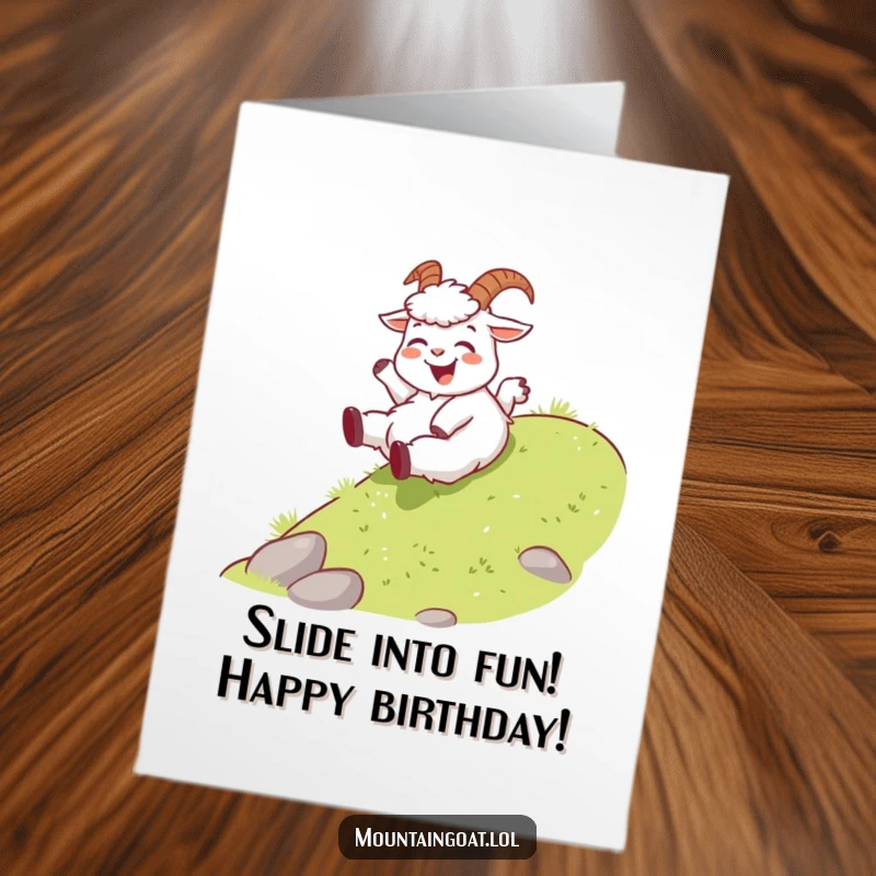 Funny free printable birthday card: Joyous mountain goat playfully slides down a grassy slope, celebrating the birthday with carefree fun.