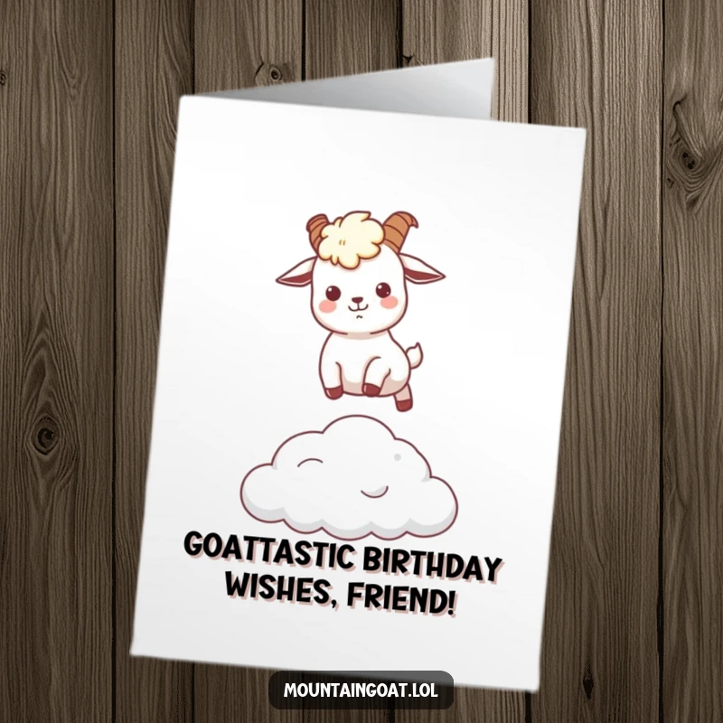Funny Free Printable Birthday Card featuring a Kawaii mountain goat leaping joyfully over a fluffy cloud, ready to celebrate.