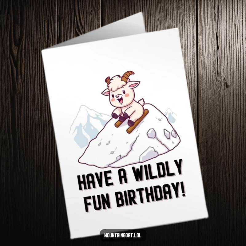 Funny Free Printable Birthday Card: An excitedly sliding Kawaii mountain goat zooming down a snowy peak, leaving a trail of fun.