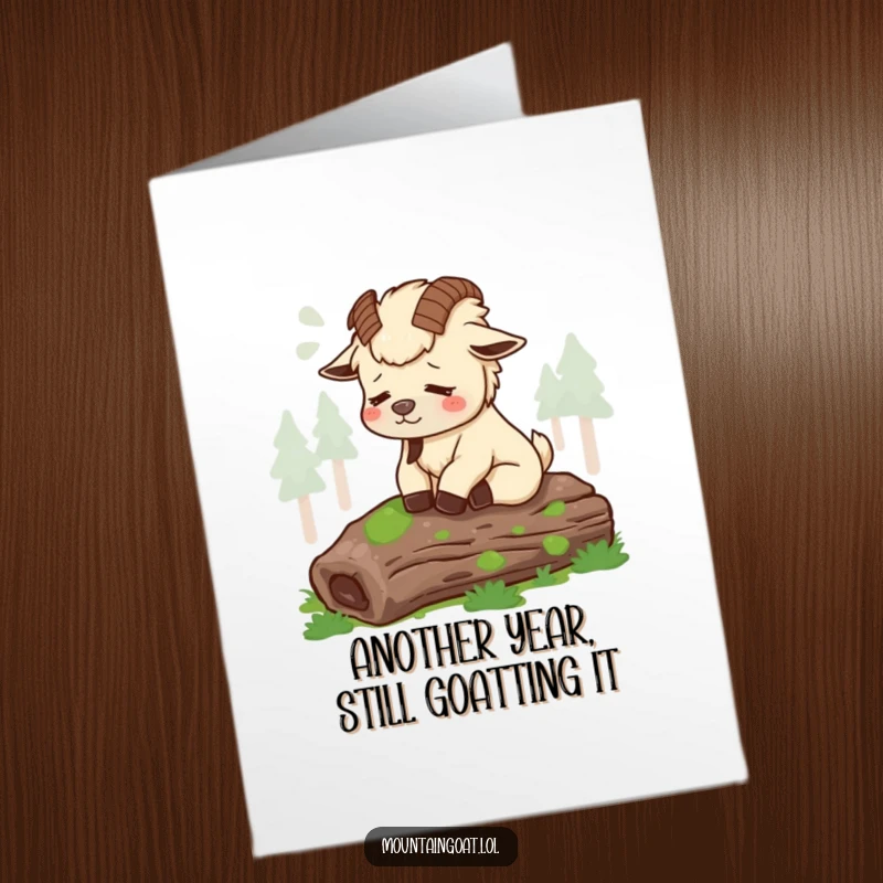 Funny Free Printable Birthday Card: Tired mountain goat sighs contentedly on a mossy log, wishing a peaceful and humorous birthday.