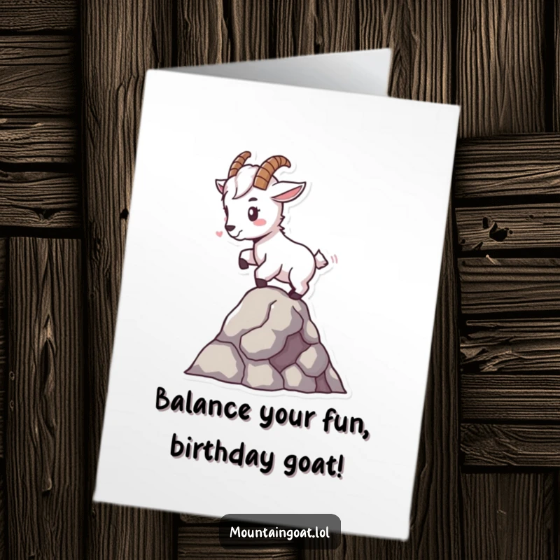 Funny free printable birthday card: Tiny mountain goat character expertly balances on a single rock, celebrating a milestone with skill.