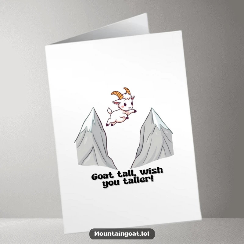 Funny Free Printable Birthday Card: Kawaii mountain goat caught mid-air, leaping heroically over a rocky chasm with a determined grin.