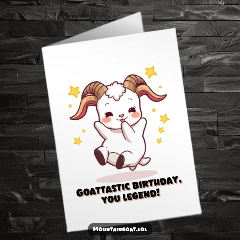 Funny Free Printable Birthday Card: A goat hilariously tumbles backward with stars around its head, perfect for a laugh.