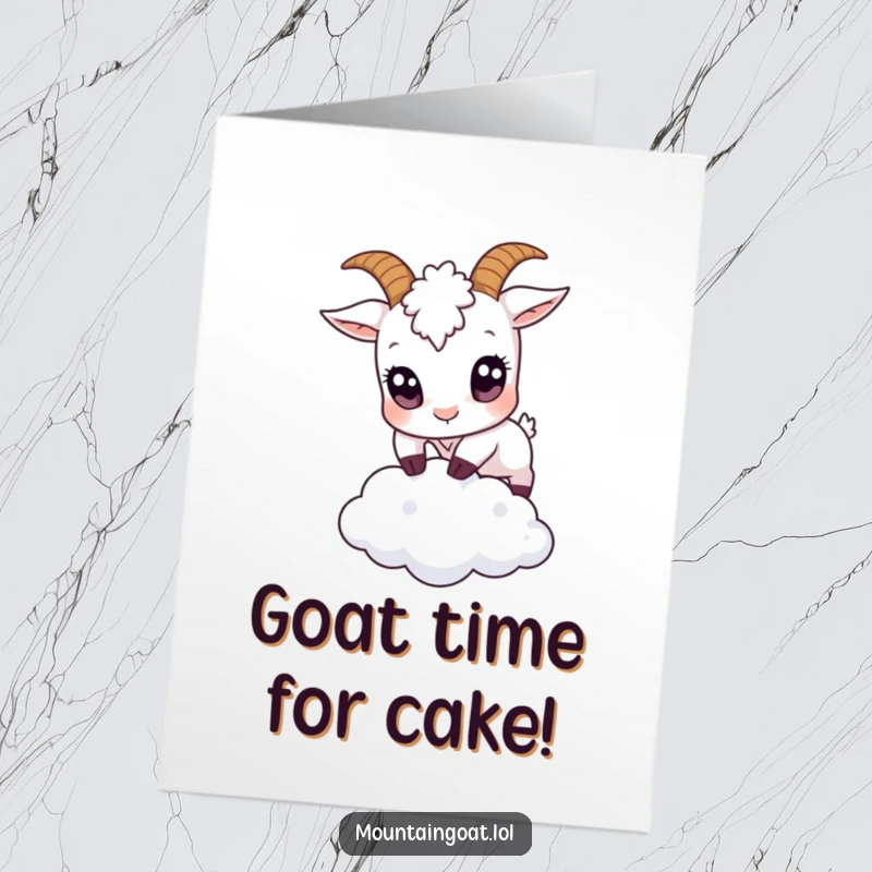 Funny Free Printable birthday card featuring a small goat with big eyes leaping over a tiny cloud, symbolizing joy and freedom.