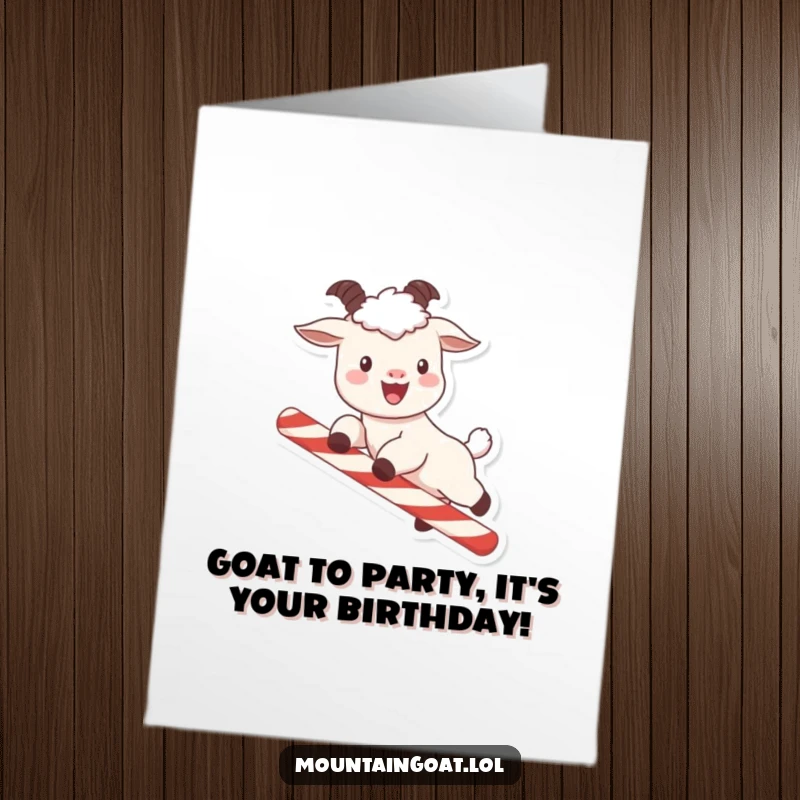 Funny Free Printable Birthday Card: Kawaii mountain goat with rosy cheeks leaping over a candy cane, spreading birthday cheer.