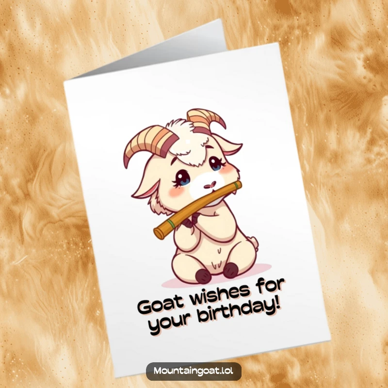 Funny Free Printable Birthday Card: A determined mountain goat character attempting to play a tiny flute with gusto.