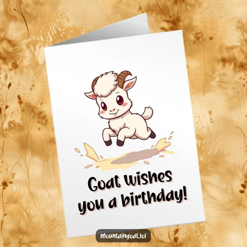 Funny Free Printable Birthday Card: A tiny, energetic kawaii mountain goat kicking up dust while running enthusiastically to celebrate a birthday.