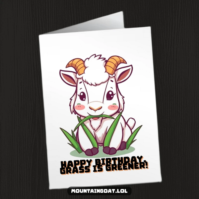 Funny Free Printable birthday card: A mountain goat character happily and peacefully munching on a single stylized blade of grass.