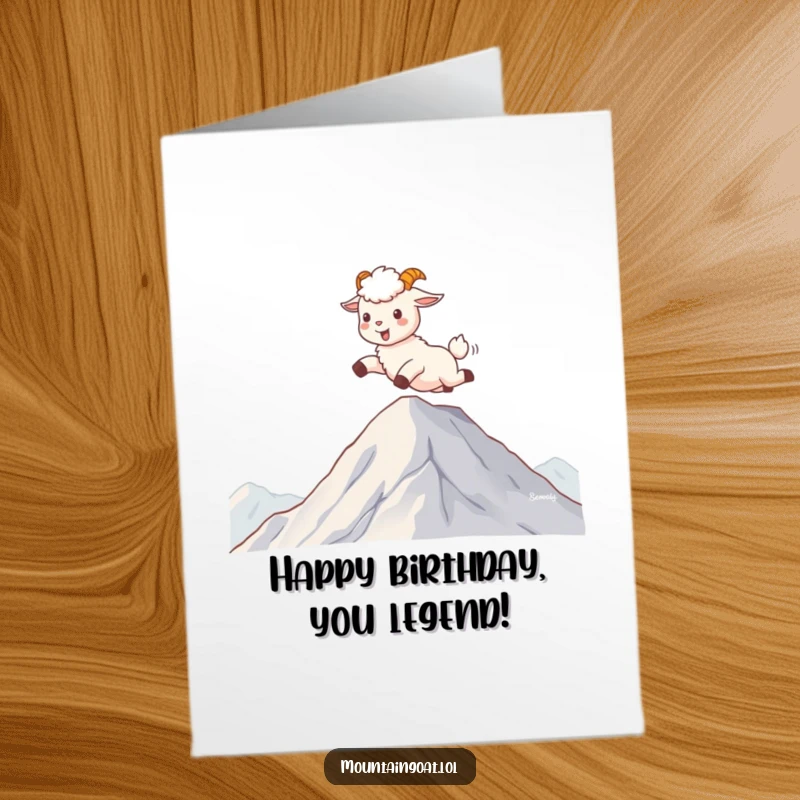 Funny Free Printable Birthday Card: Kawaii mountain goat joyfully skips on fluffy white clouds high above a mountaintop.