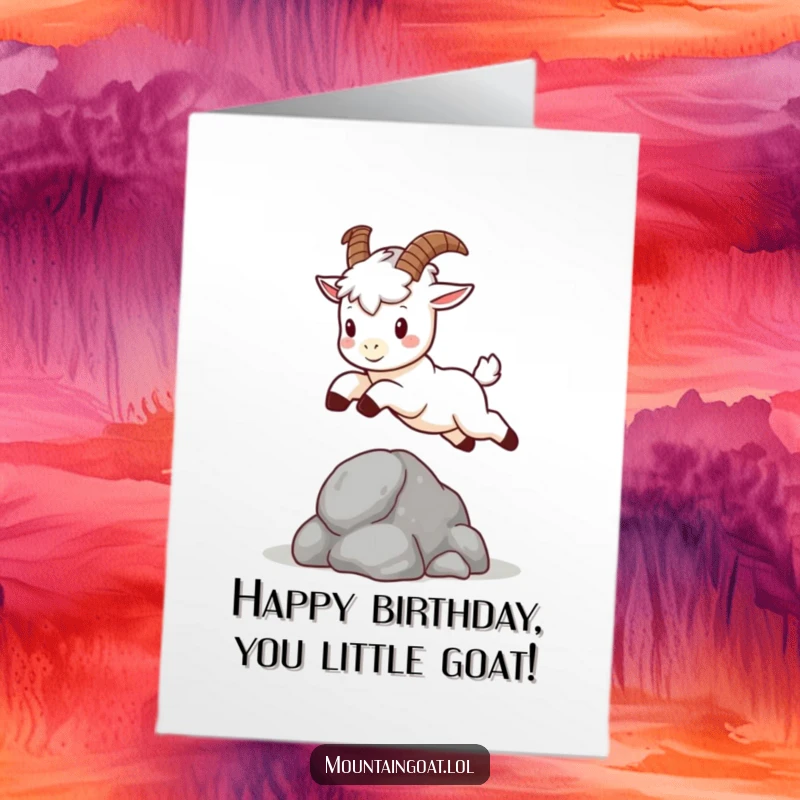 Cute free printable birthday card featuring a kawaii mountain goat with tiny horns joyfully leaping over a small rock.