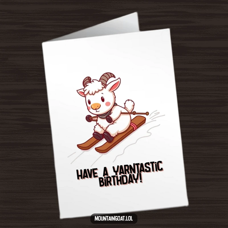 Funny Free Printable Birthday Card: A playful mountain goat joyfully skiing down a slope constructed entirely of colorful yarn.