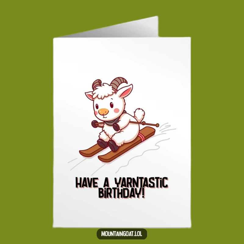 Free Printable Birthday Card: Playful Goat Skiing Yarn, Funny Downloadable Greeting for Adventurers