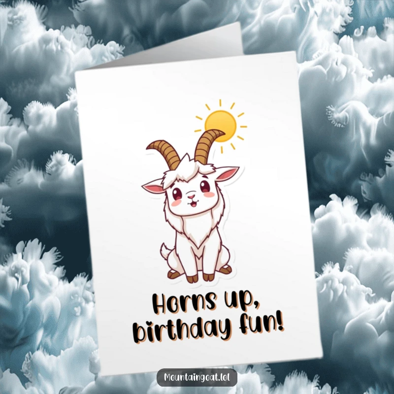 Funny Free Printable Birthday Card: Mountain goat stretching horns to sun, a cheerful, vibrant design for a downloadable gift.