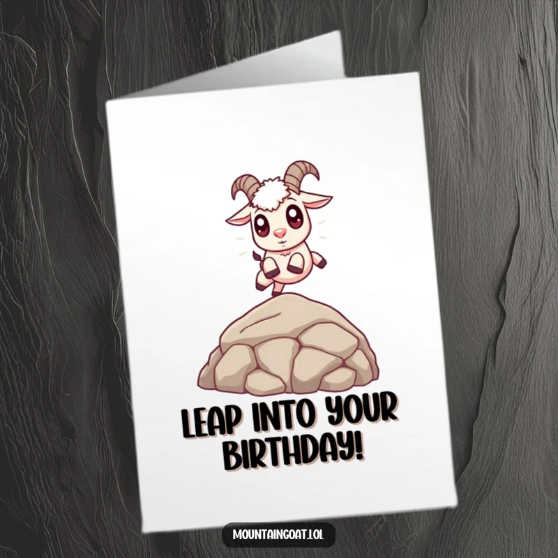 Cute Free Printable Birthday Card: An adorable mountain goat with big eyes joyfully leaping over a small boulder.