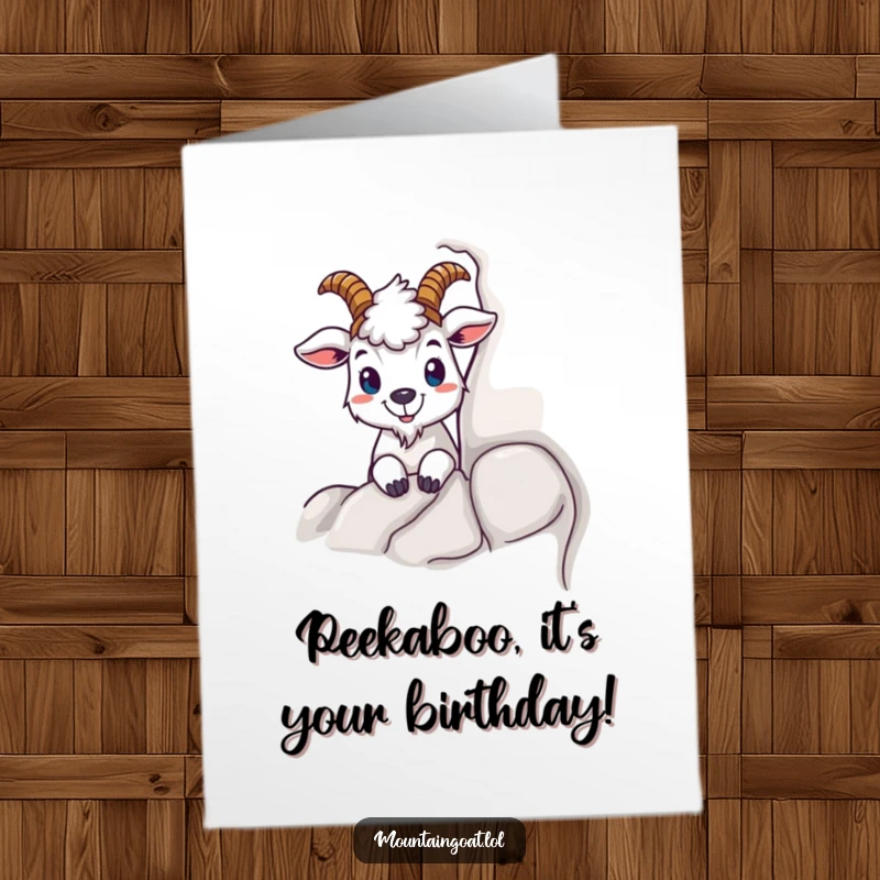 Funny Free Printable Birthday Card: Curious mountain goat peeking from behind a rock, a playful and humorous design for a downloadable gift.