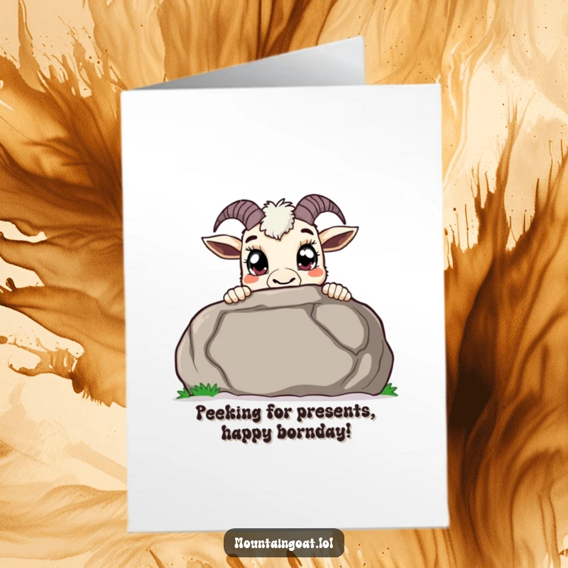 Funny free printable birthday card: Curious mountain goat with wide pupils peeks over a boulder, discovering birthday fun with intrigue.