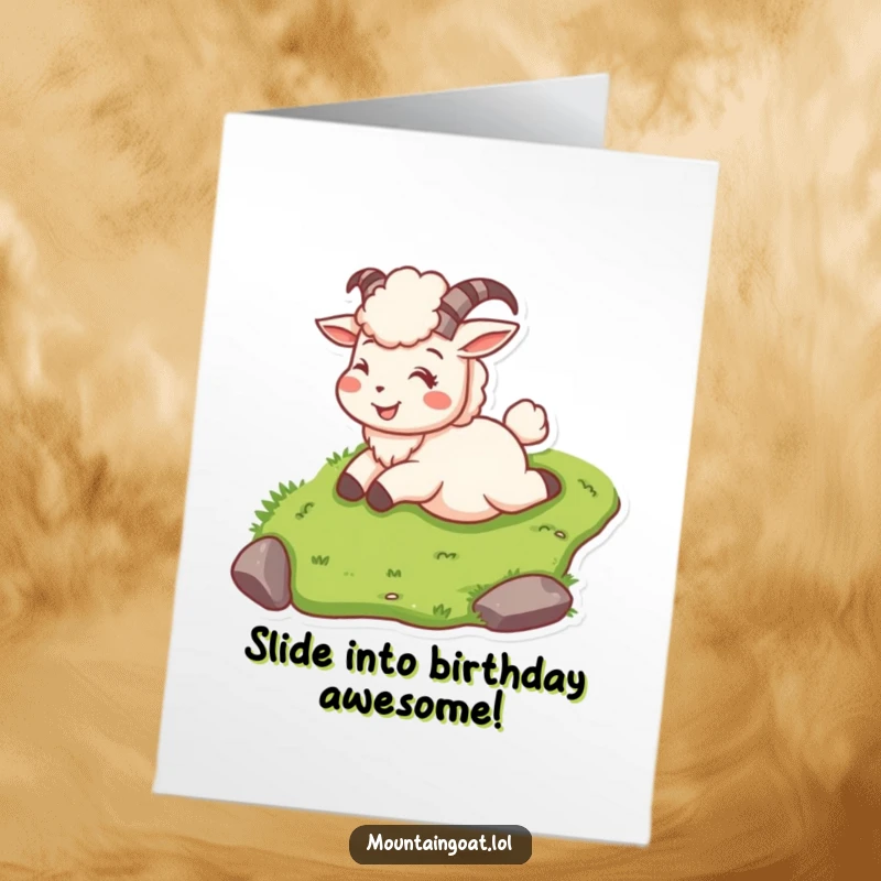 Joyful free printable birthday card of a mountain goat character happily sliding down a green grassy slope.